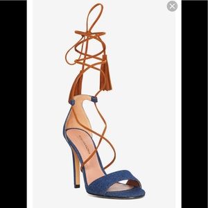 BCBG denim & leather strappy sandals. New, unworn style sample used on mannequin